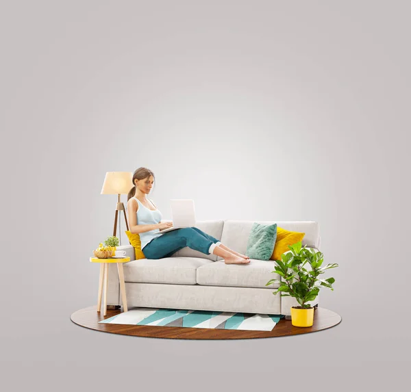 Pretty Female Working Laptop Computer Sitting Couch Her Home Office — Stock Photo, Image