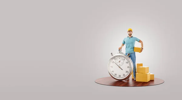Niezwykłe Ilustracji Człowiek Zegarkiem Stoper Trzymając Pudełko Tekturowe Zakupy Online — Zdjęcie stockowe