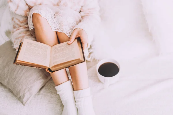 Young Woman Bed Old Book Cup Coffee Enjoys Her Stay — Stock Photo, Image