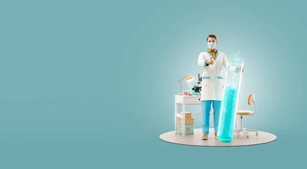 Ilmuwan Muda Dengan Vaksin Menunjukkan Jempol Saat Berdiri Laboratorium Ilustrasi — Stok Foto