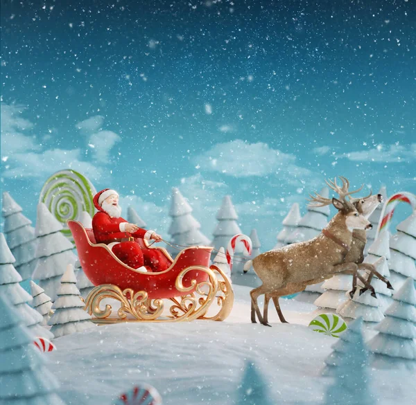 Glad Jultomte Julsläde Magisk Skog Med Godis Käppar Ovanlig Jul — Stockfoto