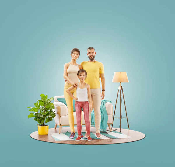 Ovanlig Illustration Lycklig Familj Njuter Ett Nytt Hem Lyckligt Familjebegrepp — Stockfoto