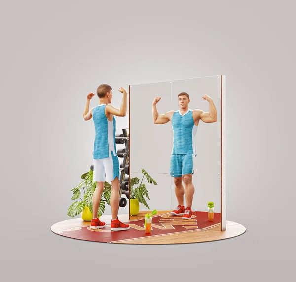 3D鏡を見て 筋肉のボディビルダーとして自分自身を想像若い痩せた男のイラスト モチベーションスポーツコンセプト — ストック写真