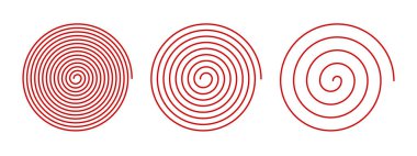 Kırmızı spiral ikonlar. Optik illüzyon etkileri. Hipnotik psikedelik tasarım. Girdap, baş dönmesi, kasırga ya da baş dönmesi sembolleri. Arşimet spiral işaretleri. Vektör grafik illüstrasyonu.