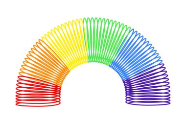 Kemer şeklindeki gökkuşağı esnek yay beyaz arka planda izole edilmiş. 90 'larda popüler olan çocuk oyuncağı. Plastik renkli elastik spiral. Retro konsept. Vektör düz resimleme.