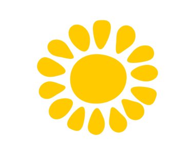 Beyaz arka planda izole edilmiş şirin çocuksu bir güneş silueti. Dalgalı sarı güneşli ışınlar. Güneş patlaması, güneş ışığı veya güneş ışığı şeklinde. Yaz sembolü. Mutlu pozitif titreşimler konsepti. Vektör düz resimleme.