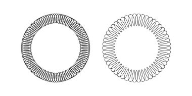 Beyaz arka planda izole edilmiş daire şeklinde bobin yayları. Metal tel sarmal kenarlı yuvarlak çerçeveler. Dairesel formlarda sinsi oyuncaklar. Vektör grafik illüstrasyonu. 