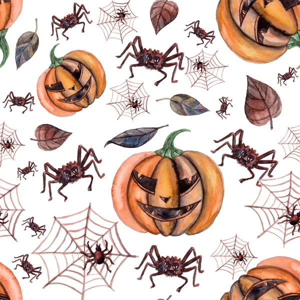 Akwarela Bezszwowy Szczęśliwy Wzór Halloween Upadłe Liście Pająki Pajęczyny Ilustracje — Zdjęcie stockowe