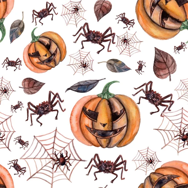 Watercolor Seamless Happy Halloween Pattern. Fallen leaves, spiders, cobwebs, pumpkin illustrations isolated on white background. Perfect for Halloween greeting card