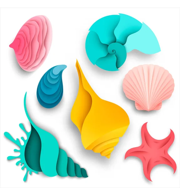 Vector Set Sea Shells Starfish Paper Art — Stock Vector