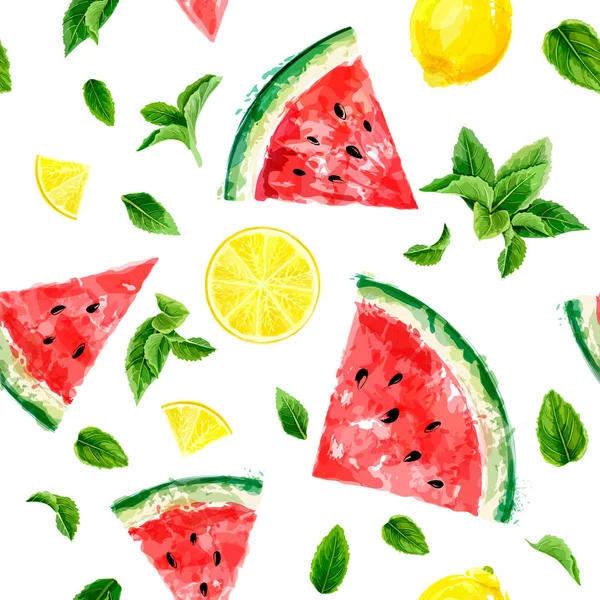 Seamless Pattern Slices Watermelon Lemon Meant Leaves White Background Summer Stock Illustration