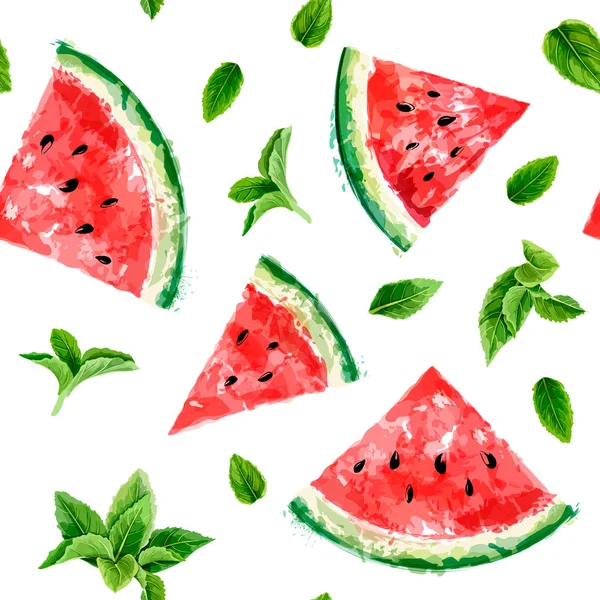 Naadloze Patroon Met Plakjes Van Watermeloen Bedoeld Bladeren Een Witte Rechtenvrije Stockillustraties