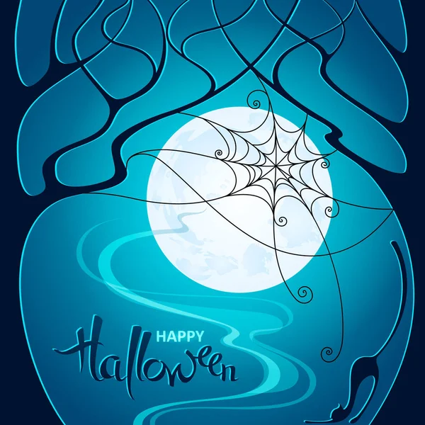Halloween Nacht Dunkle Bäume Netz Und Eine Katze Auf Blauem — Stockvektor