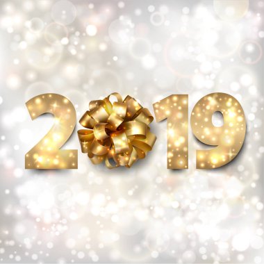 Mutlu yeni yıl afiş altın numaraları 2019 ve bir yay yıldız ve twinkly ışıklar gümüş bir arka plan ile. Vektör çizim
