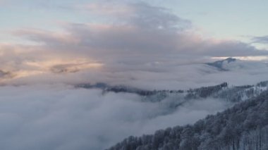 Hava uzun düz uçuş kış dağlar bulutlar üzerinde. 4k dron video. Dron hareket ettirmek ileri yere bulutlar dağlarda günbatımı sırasında. Bulutların üzerinde büyüleyici görünümü