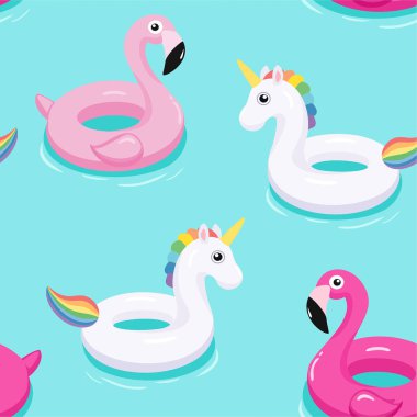 Flamingo ve tek boynuzlu at şişme havuz desen yüzer. Vektör sorunsuz doku.