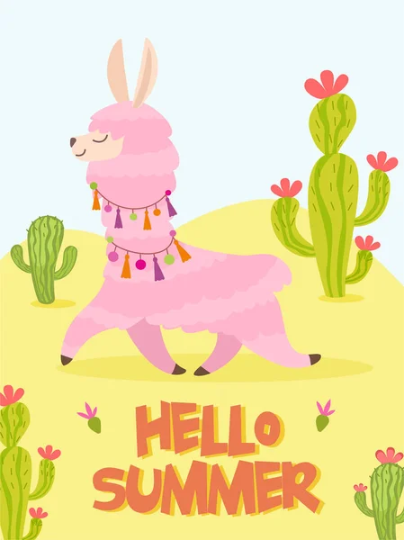 Zomer Kaart Met Schattige Lama Cactus Vectorillustratie — Stockvector