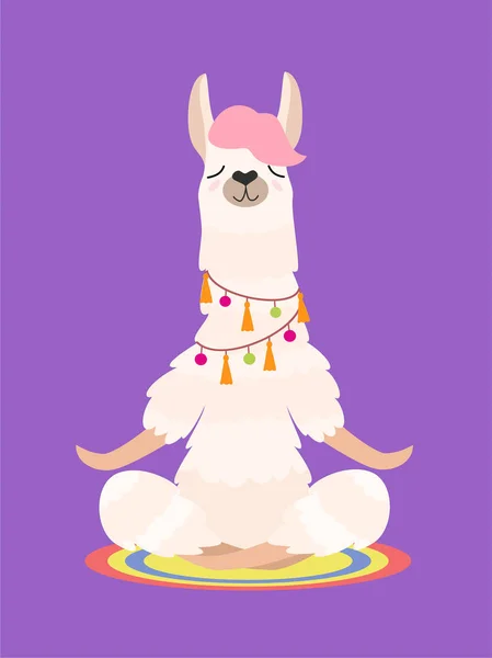 Yoga Llama Meditates Isolated Purple Background Vector Illustration — Stock Vector