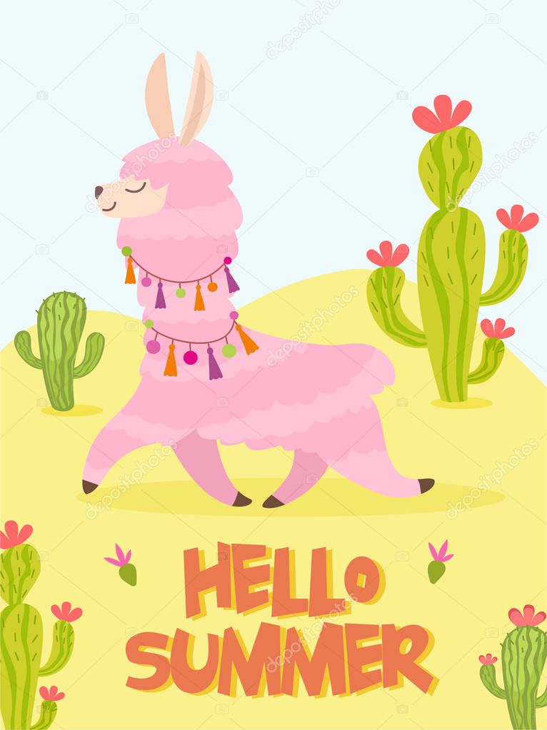Summer card with cute lama and cactus. Vector illustration.