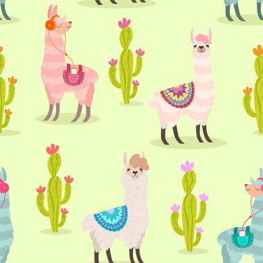 Lama ve kaktüs desenle. Vektör sorunsuz doku.