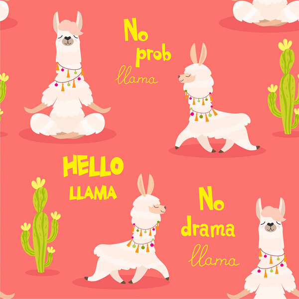 Pattern with llama and cactus. Vector seamless texture.