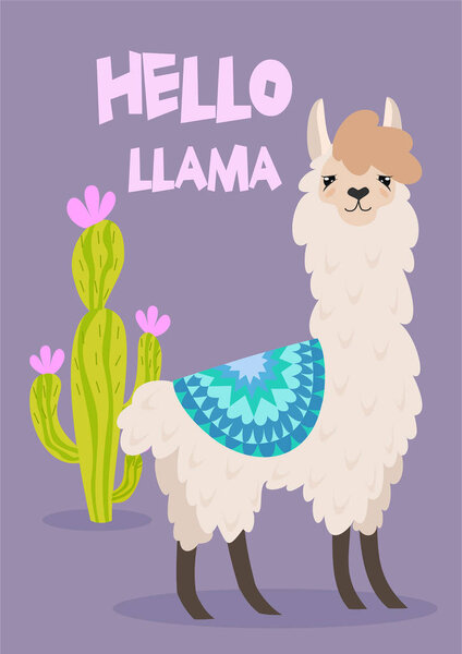 Vector stylish cartoon lama with ornament design and cactus. Hello llama poster.
