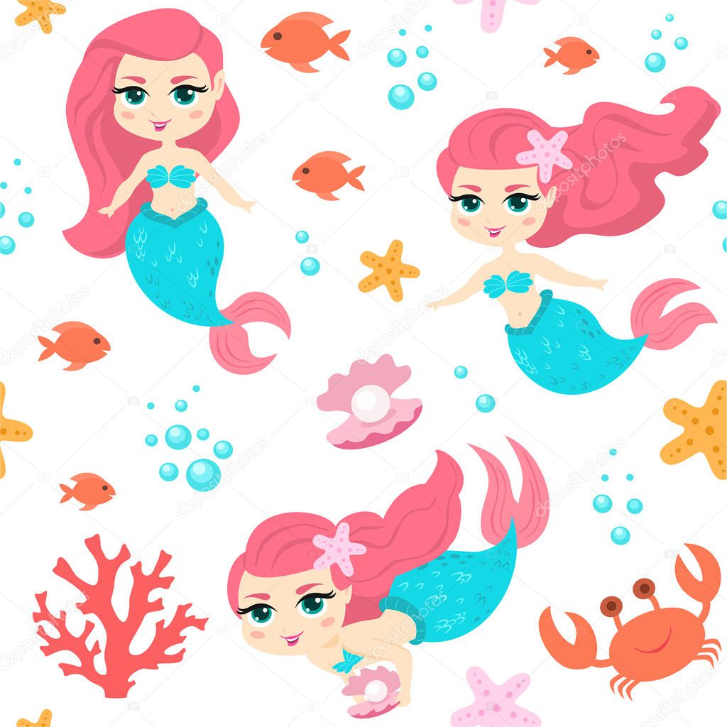 Mermaid pattern. Vector seamless texture.