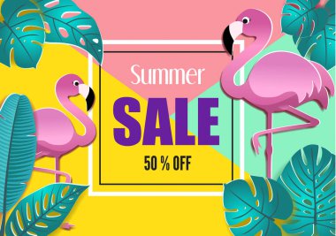 Yaz satış afiş kağıt ile kesmiş flamingo ve tropikal yaprak stilize. Afiş, el ilanı, davet, poster, web sitesi, tebrik kartı için vektör tasarımı. 