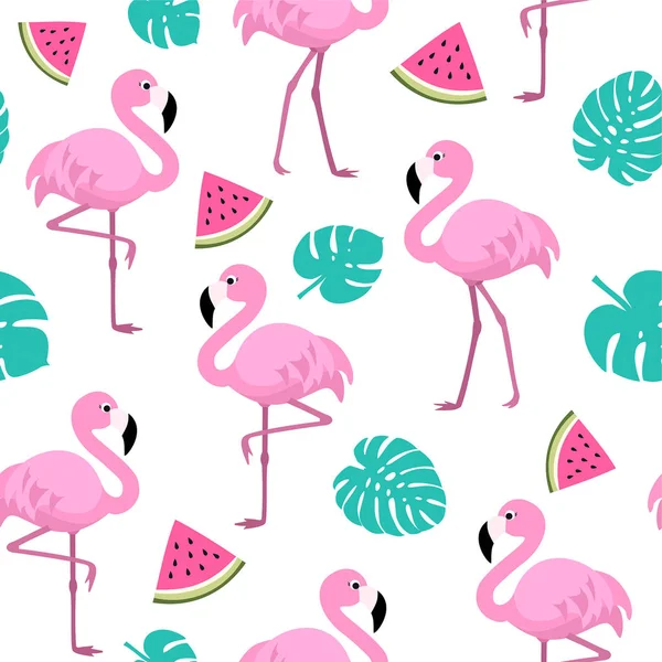 Nyári Mintázat Flamingók Görögdinnye Trópusi Levelek Vektor Zökkenőmentes Textúra — Stock Vector