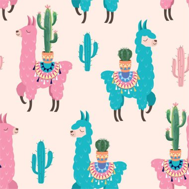Lama ve kaktüs desenle. Vektör sorunsuz doku.