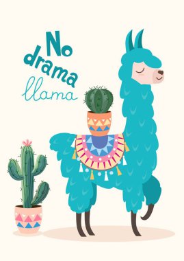 Vektör şık çizgi film lama süs tasarım ve kaktüs ile. Yok drama Lama poster.