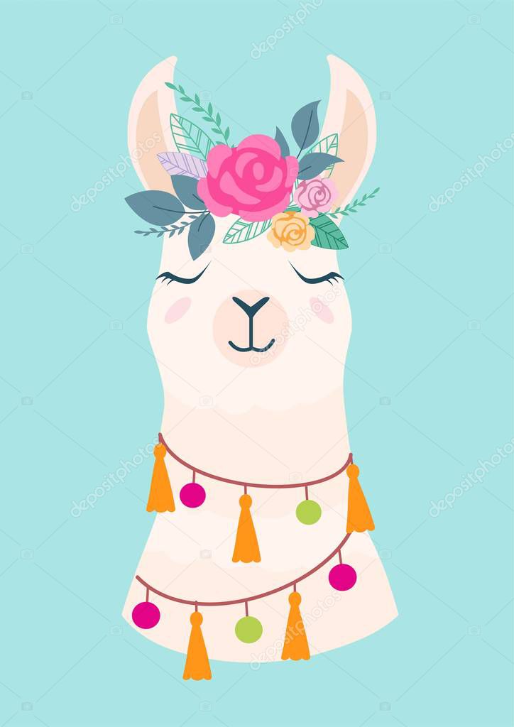 Vector illustration of cute cartoon llama with flowers. Stylish drawing for birthday cards, party invitations, poster and postcard.