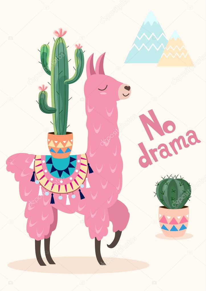 Stylized cartoon lama with ornament design and cactus. Vector card, poster.
