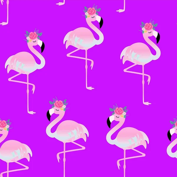 Schattig Flamingo Met Bloemen Vector Naadloze Textuur — Stockvector