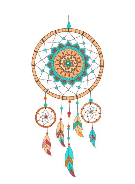 Değerli taşlar ve tüyleri ile düş kapanı. Etnik vektör çizim.