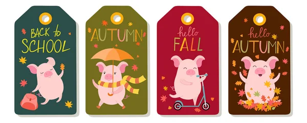 Set Four Vector Autumn Tags Cute Pigs Vector Illustration — Stock Vector