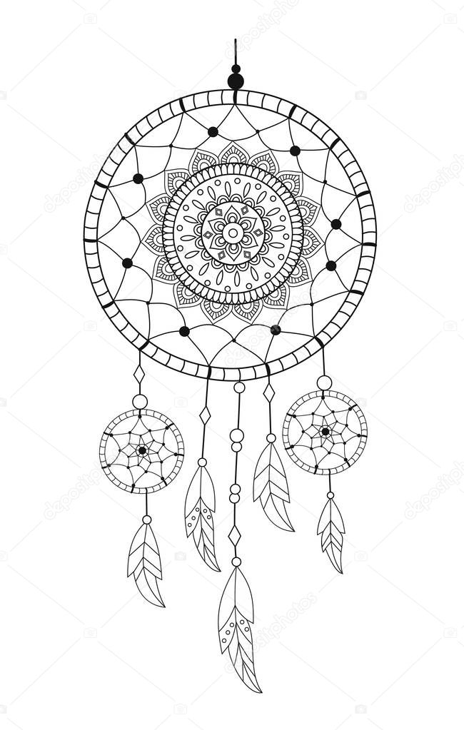 Dreamcatcher with precious stones and feathers. Ethnic vector illustration
