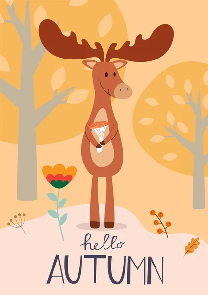 Stylish Autumn Card Banner Cute Moose Funny Vector Illustration Text — Stock Vector