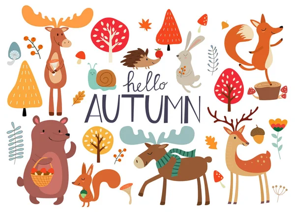 Cute Hand Drawn Autumn Forest Animals Fall Floral Elements Ideas — Stock Vector