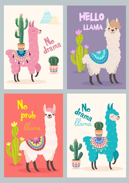 Set Greeting Cards Llama Stylized Cartoon Llama Ornament Design Cactus — Stock Vector