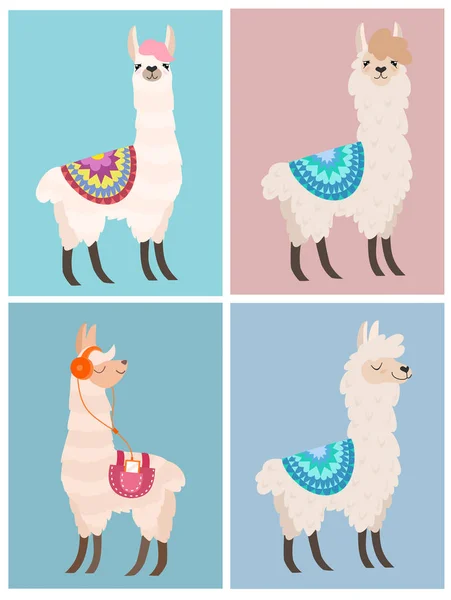 Conjunto Elegantes Llamas Dibujos Animados Con Adorno Ilustración Vectorial — Vector de stock