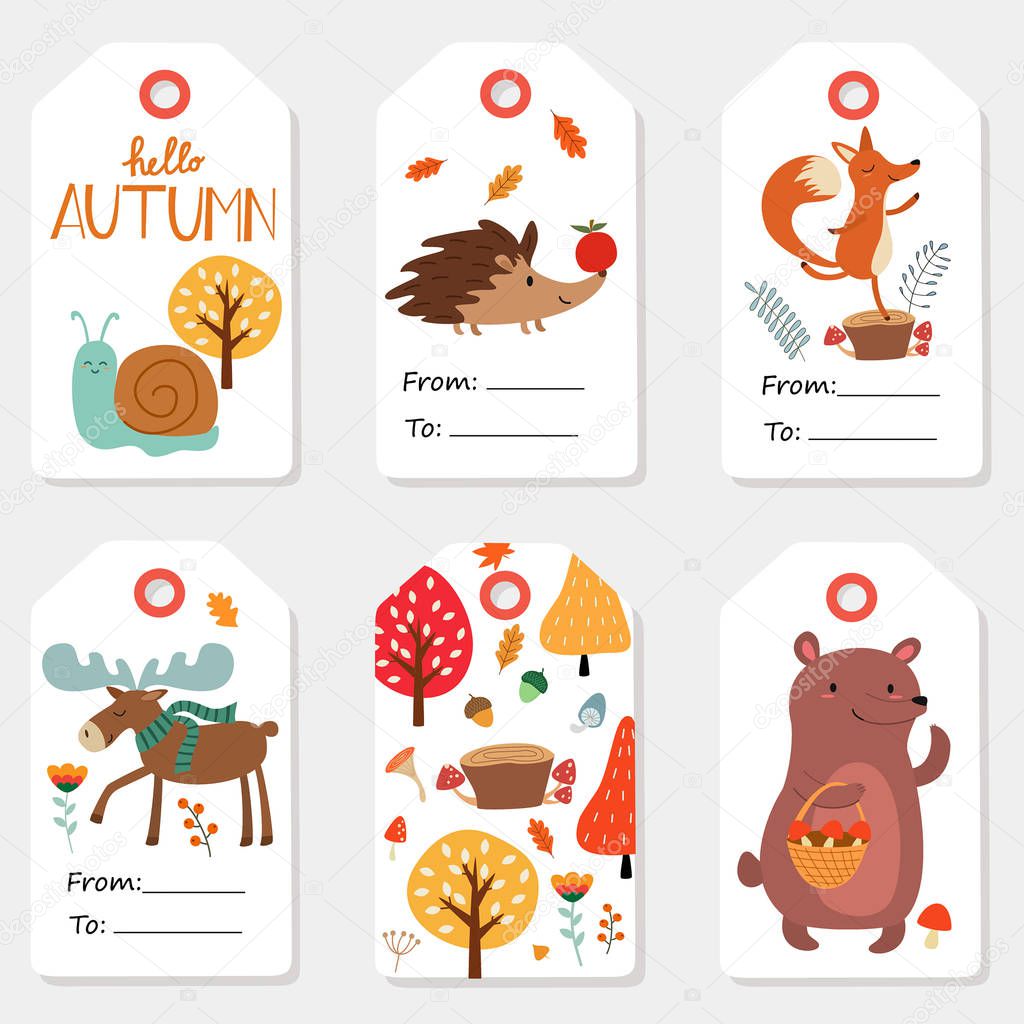 Autumn set of sale and gift tags, labels with cute illustrations, fun elements, hand drawn lettering. Collection with cute autumn forest animals. Vector illustrations.