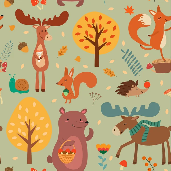 Podzimní Vzorek Roztomilý Ručně Kreslenou Lesní Zvířata Pádu Květinové Prvky — Stockový vektor