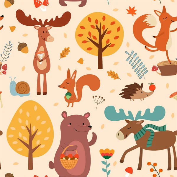 Herfst Patroon Met Schattige Hand Getrokken Bos Dieren Val Floral — Stockvector