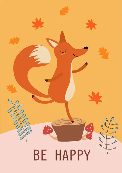 Elegante tarjeta de otoño o pancarta con un lindo zorro. Divertida ilustración vectorial con texto . — Vector de stock