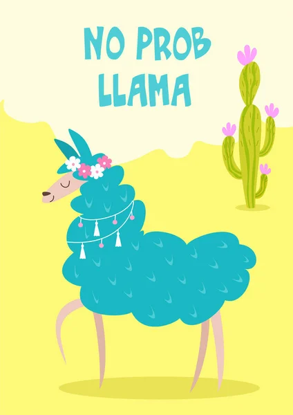 Bonita Carta Dibujada Mano Póster Con Lama Dibujos Animados Cactus — Vector de stock