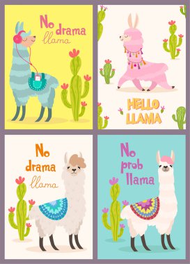Tebrik kartları Lama ile kümesi. Süs tasarım ve kaktüs ile stilize çizgi film Lama. Vektör poster.