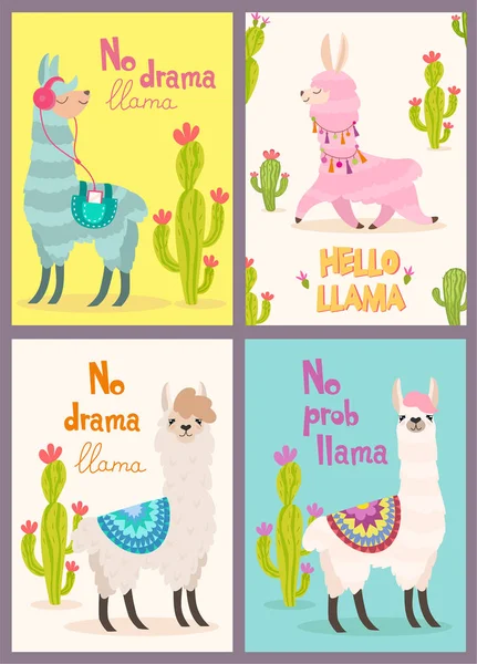 Set Wenskaarten Met Lama Gestileerde Cartoon Lama Met Ornament Design — Stockvector