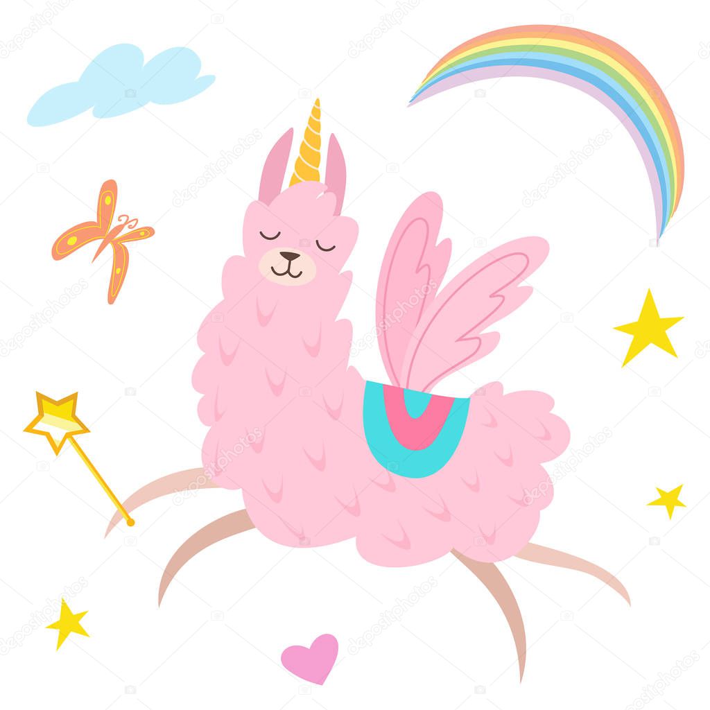 Cute fairy llama unicorn. Cartoon character. Vector illustration. Funny smiling animal.