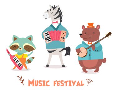 Şık kartı veya poster karikatür tarzı sevimli hayvan grubu ile. Vektör çizim ile müzik festivaline hayvan müzisyenler.